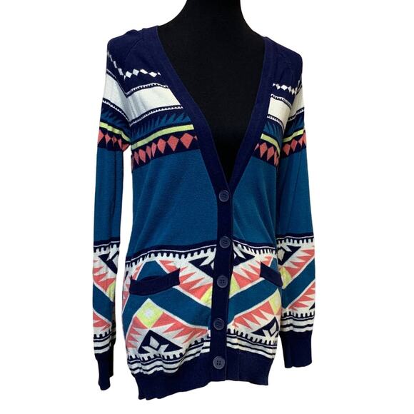 Nollie Womens Medium Aztec Inspired Striped Cotton Blend Knit Cardigan Sweater - Picture 1 of 5